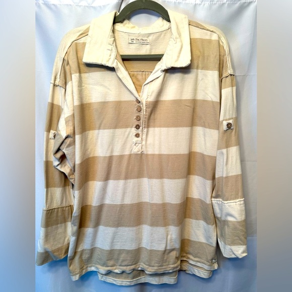 We the Free Women's Large Peyton Rugby Shirt Beige Ivory Stripe 100% Cotton - Picture 1 of 11